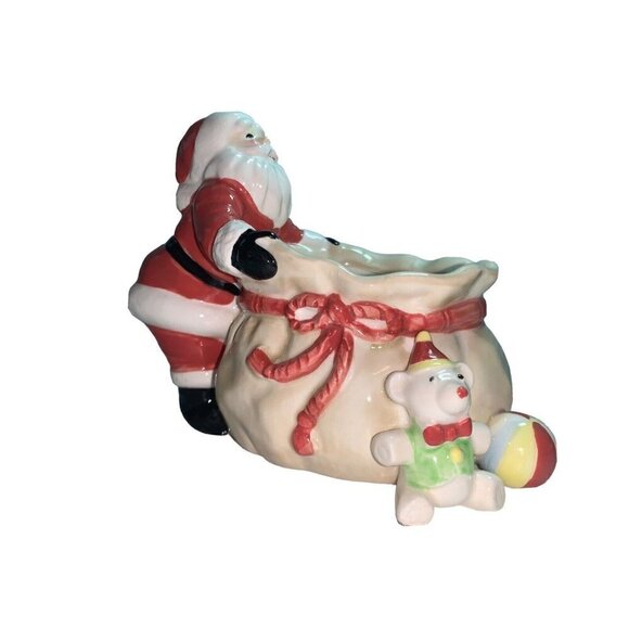 Vintage Fitz and Floyd 1981 Santa‎ Claus Toy Bag Planter Bowl Teddy Bear Doll - Picture 1 of 11